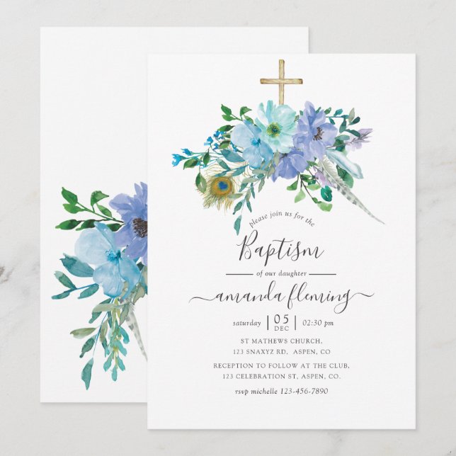 Invitation Baptême floral bohème aquarelle menthe et bleu (Devant / Derrière)