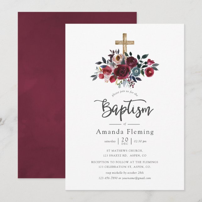 Invitation Baptême floral Boho Bourgogne et Navy (Devant / Derrière)