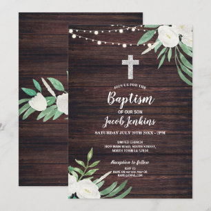 Invitation Baptême Floral Bois Vert Fleur de Christening Blan