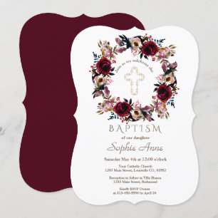 Invitation Baptême Floral Bourgogne Pêche Marsala