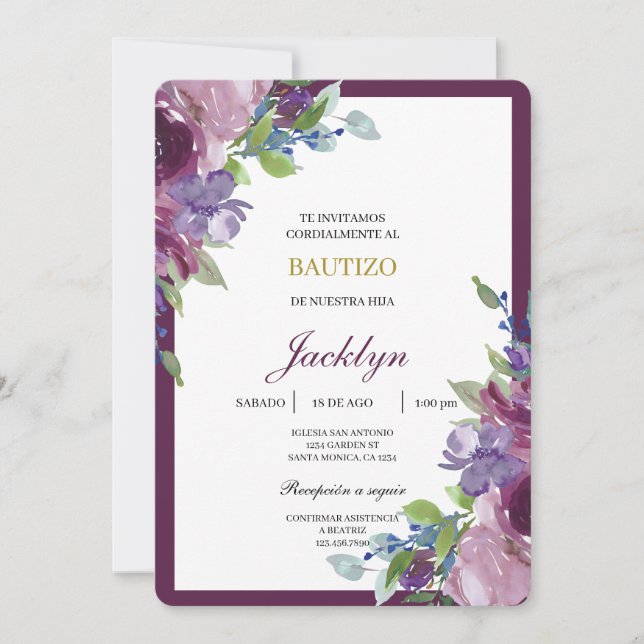 Invitation Baptême floral burgundy (Devant)