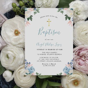 Invitation Baptême floral d'aquarelle bleu
