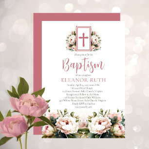 Invitation Baptême floral de fille, fleurs botaniques roses