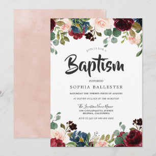 Invitation Baptême floral de l'aquarelle rousse et bordeaux