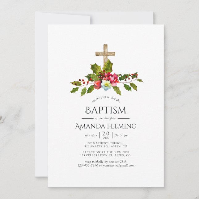 Invitation Baptême floral de Noël ou baptême (Devant)