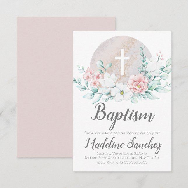 Invitation Baptême Floral de Printemps à l'aquarelle Dédicace (Devant / Derrière)