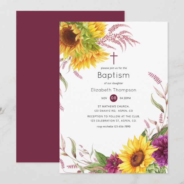 Invitation Baptême floral de soleil et de prune bourguignonne (Devant / Derrière)