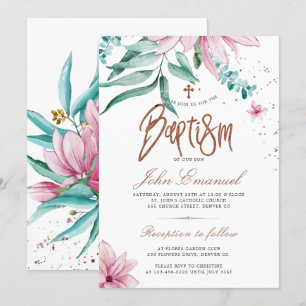 Invitation Baptême floral élégant à l'aquarelle croisée