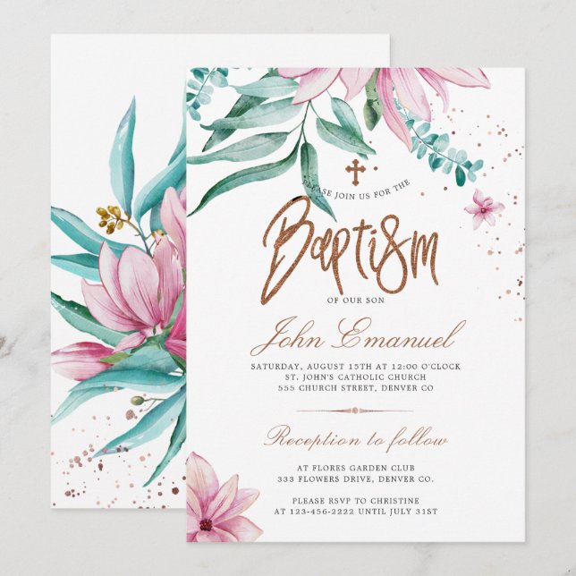 Invitation Baptême floral élégant aquarelle (Devant / Derrière)