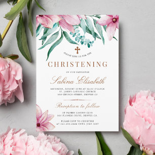 Invitation Baptême floral élégant aquarelle rose