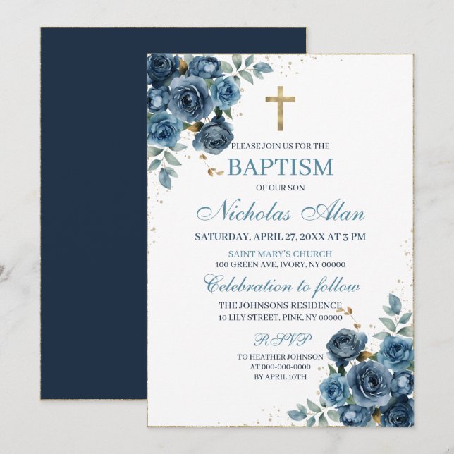 Invitation Baptême Floral Élégant Bleu Marine et Or (Devant / Derrière)