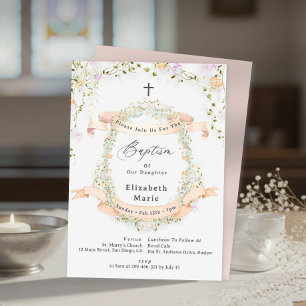 Invitation Baptême Floral Élégant de Printemps et d'Été avec