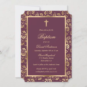 Invitation Baptême Floral Élégant Or Violet