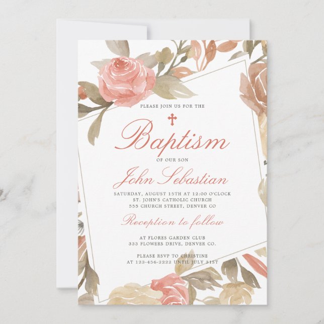 Invitation Baptême Floral Élégant Rose Aquarelle (Devant)