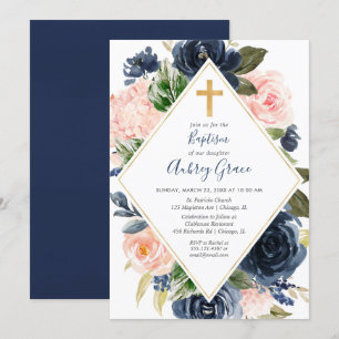 Invitation Baptême floral en or brun de la marine