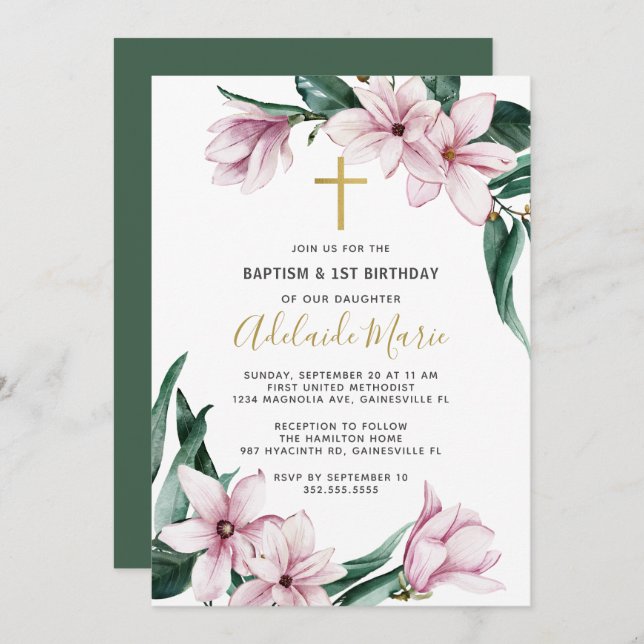 Invitation Baptême floral et premier anniversaire (Devant / Derrière)