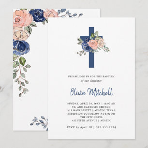Invitation Baptême floral et transversal de la couleur d'eau
