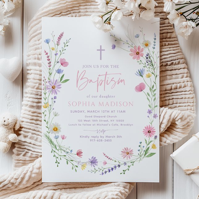 Invitation Baptême Floral Fleur Sauvage Pastel (Créateur téléchargé)