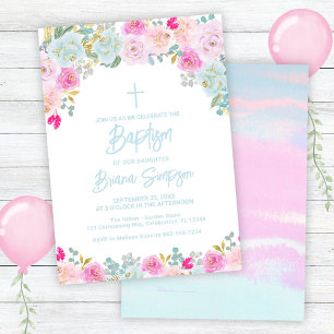 Invitation Baptême Floral Fleurs Bleu Rose Pêche Violet