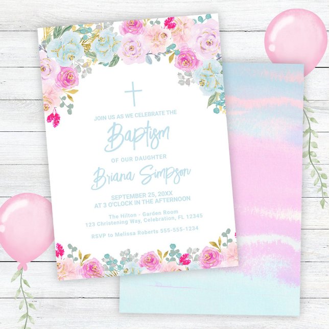 Invitation Baptême Floral Fleurs Bleu Rose Pêche Violet (Créateur téléchargé)