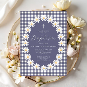 Invitation Baptême Floral Gingham Bleu Marine Moderne