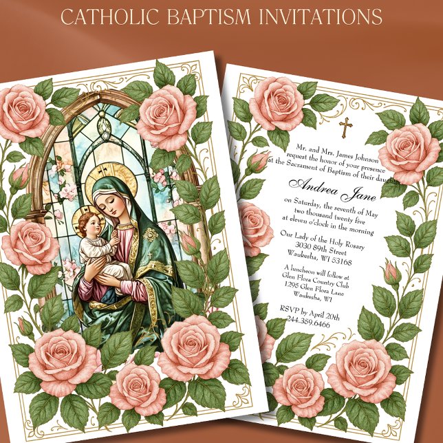 Invitation Baptême Floral Jésus Béni Mère Rose (Créateur téléchargé)