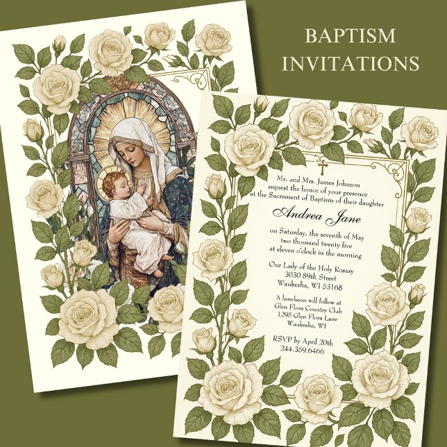 Invitation Baptême Floral Jésus Béni Mère Rose (Créateur téléchargé)