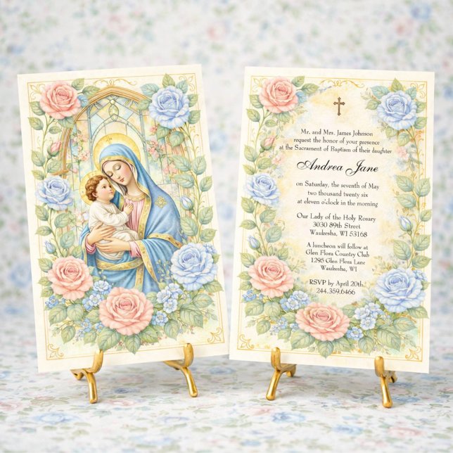 Invitation Baptême Floral Jésus Mère Bienheureuse Roses (Créateur téléchargé)