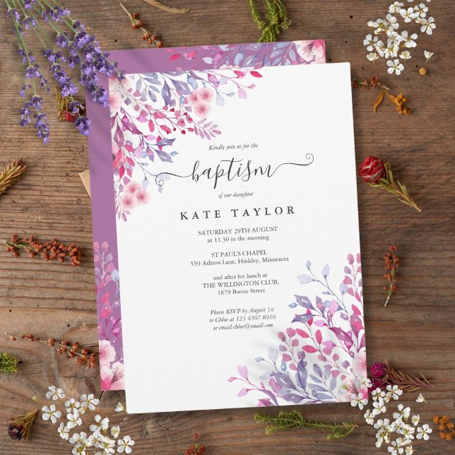 Invitation Baptême Floral Lavande (Lavender Floral Baptism Christening Invitation)