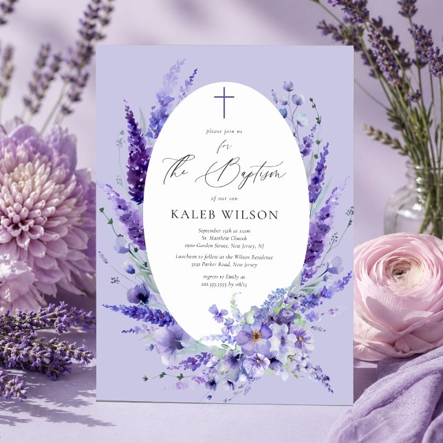 Invitation Baptême Floral Lavande Élégant (Créateur téléchargé)