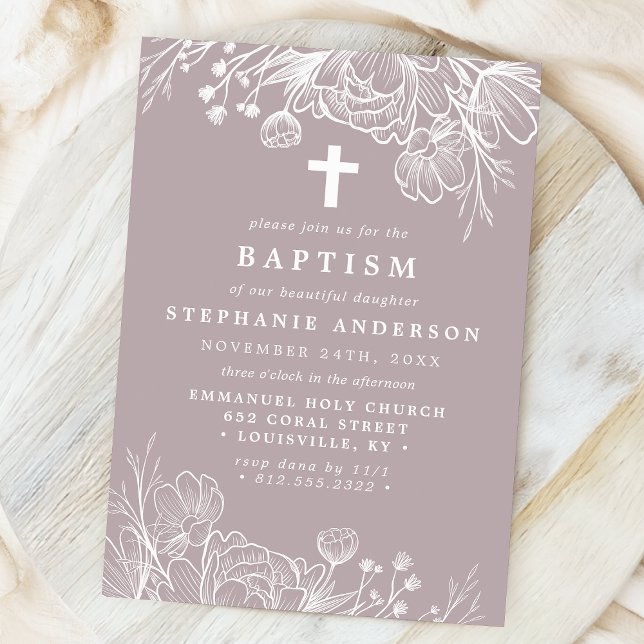 Invitation Baptême Floral Lavande Pâle et Blanc (Créateur téléchargé)