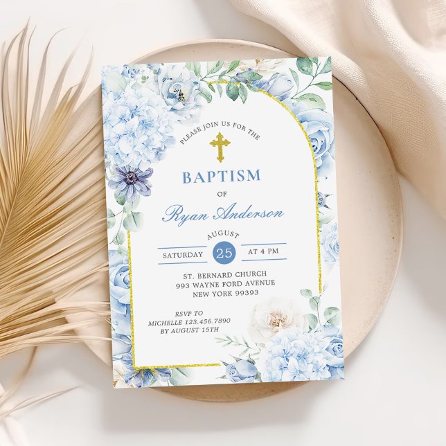 Invitation Baptême floral or bleu poussiéreux (Créateur téléchargé)