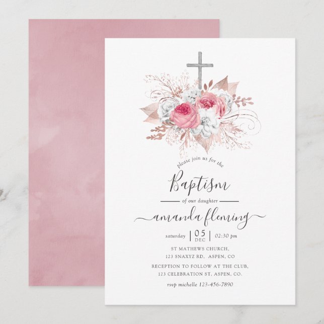 Invitation Baptême floral or rose et or rose (Devant / Derrière)