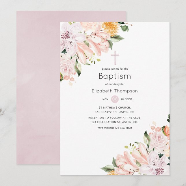 Invitation Baptême Floral Pastel (Devant / Derrière)