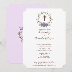 Invitation Baptême floral pourpre de baptême de croix de