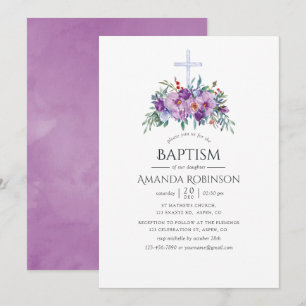 Invitation Baptême floral pourpre ou baptême