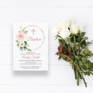Invitation Baptême floral rose