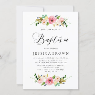 Invitation Baptême floral rose Aquarelle Baptême floral