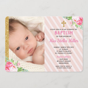 Invitation Baptême floral rose Baptême Christening Girl Photo