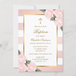 Invitation Baptême floral rose blanc or rose