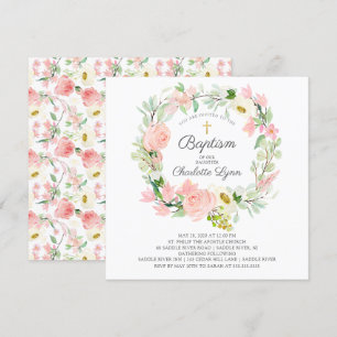 Invitation Baptême floral rose chic et élégant