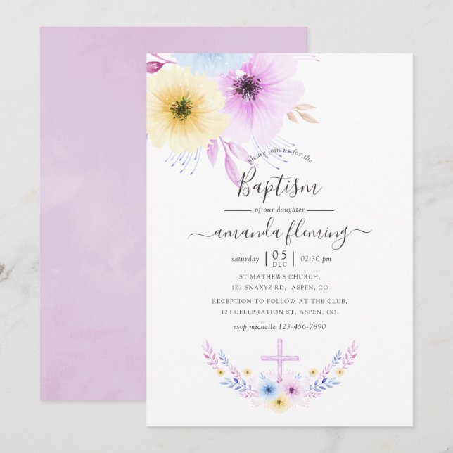 Invitation Baptême floral rose et bleu pastel (Devant / Derrière)