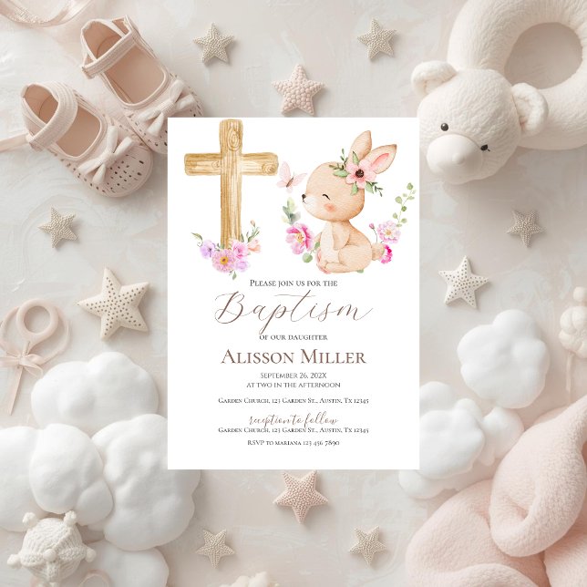 Invitation Baptême floral rose et lapin  (Créateur téléchargé)