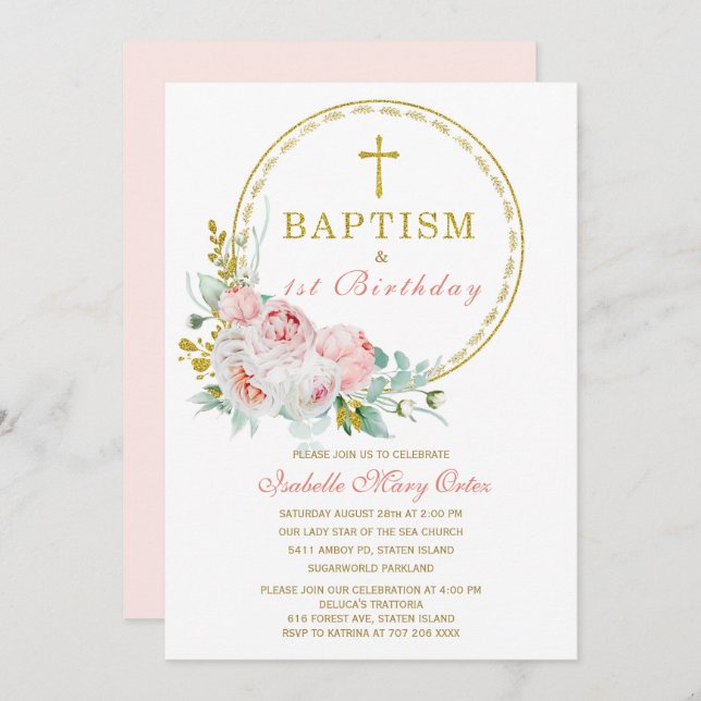 Invitation Baptême floral rose et premier Invi d'anniversaire (Devant / Derrière)