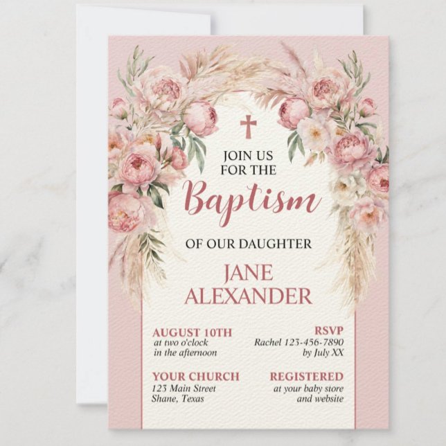 Invitation Baptême Floral Rose Pâle Élégant (Créateur téléchargé)