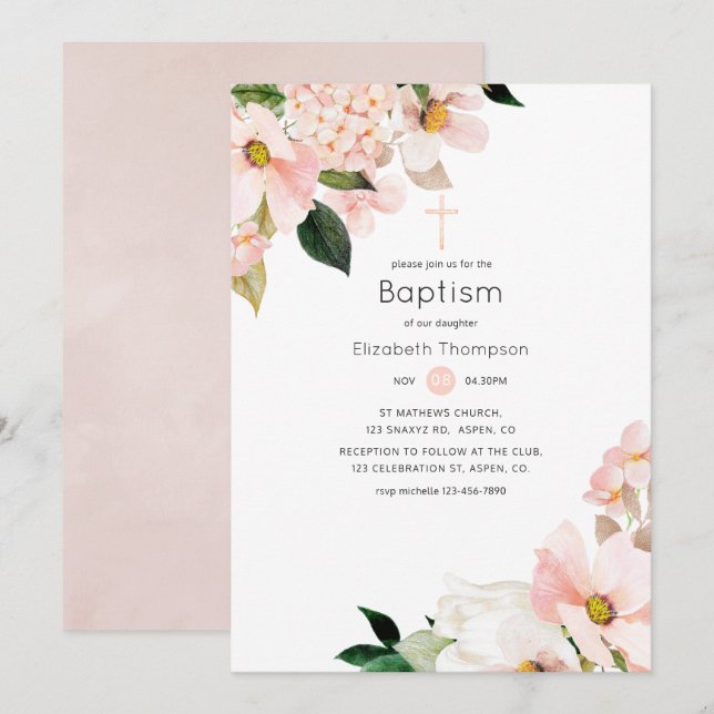 Invitation Baptême floral rose pastel aquarelle (Devant / Derrière)