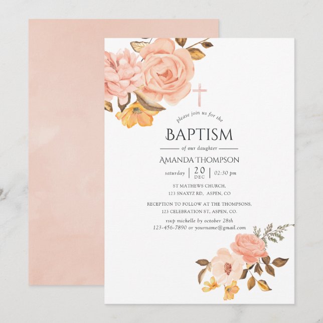 Invitation Baptême floral rose poudré et or (Devant / Derrière)