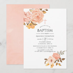 Invitation Baptême floral rose poudré et or