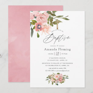 Invitation Baptême floral rose poudré et or rose aquarelle