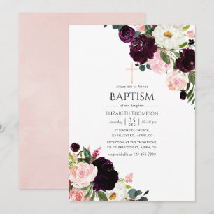 Invitation Baptême floral rose poudré et plum bordeaux